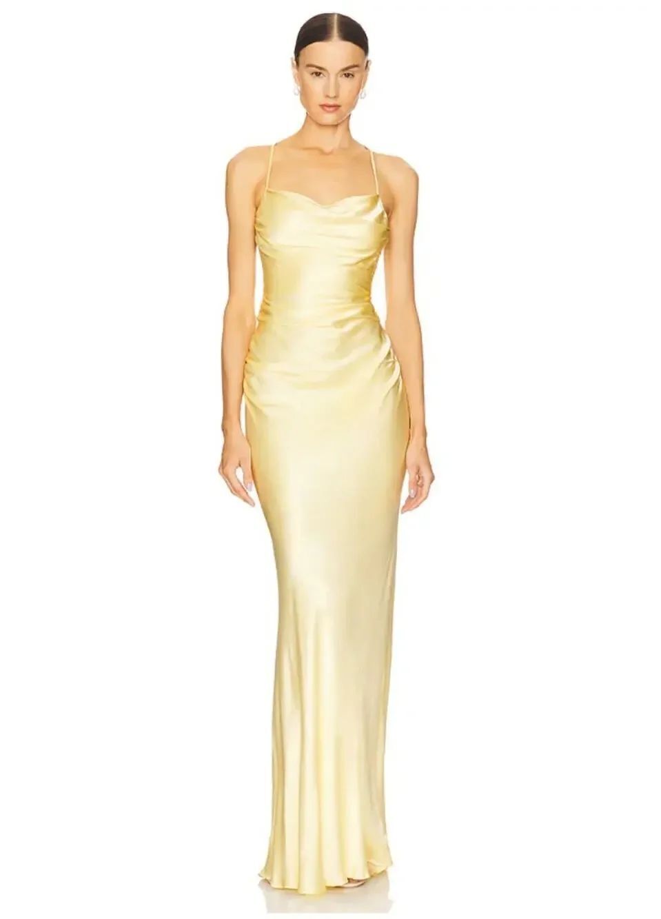Shona La Joy La Lune Women's SZ6 Lemon Satin Ruched Backless Maxi Slip Dress Nwt
